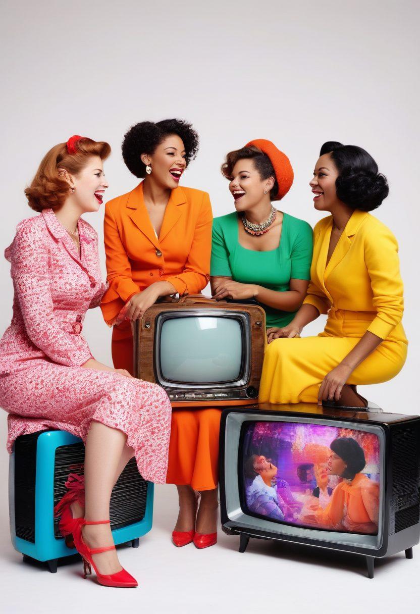 A lively scene depicting a group of diverse women, dressed in vibrant outfits reminiscent of vintage cable television hosts, joyfully interacting and sharing stories. Include retro television sets in the background displaying colorful programs, along with hints of modern technology to symbolize the evolution of entertainment. The atmosphere should be filled with laughter and connection, showcasing empowerment and creativity. Enhance with bold colors and dynamic poses. super-realistic. vibrant colors. white background.
