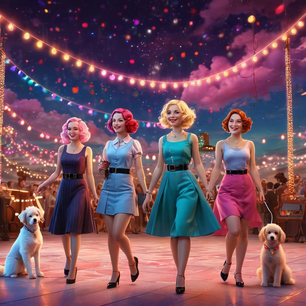 A colorful and whimsical scene featuring cheerful cable girls surrounded by vibrant, sparkling lights. They are joyfully engaging with various forms of entertainment, such as music notes, movie reels, and playful pets, creating a magical atmosphere. The background should be filled with dreamy pastel colors and hints of fairy-tale elements like sparkles and clouds. super-realistic. vibrant colors. 3D.
