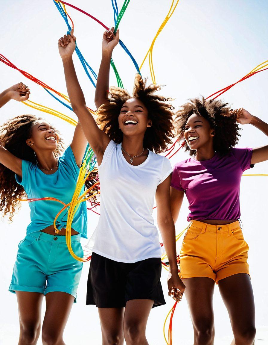 A vibrant scene featuring diverse young women, joyfully interacting, surrounded by playful, colorful cables that twist and turn around them, each girl showcasing unique fashion styles, embodying a sense of empowerment and happiness. Bright sunlight filters through, casting cheerful shadows, with hearts and musical notes floating around to symbolize joy and creativity. super-realistic. vibrant colors. white background.